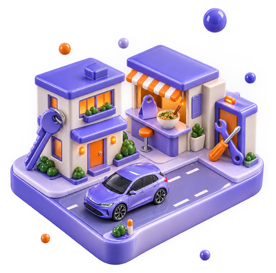 A glossy indigo city block: a home with a key by the door, a car on the road, a corner cafe with a takeaway on the counter, and tools by a doorway