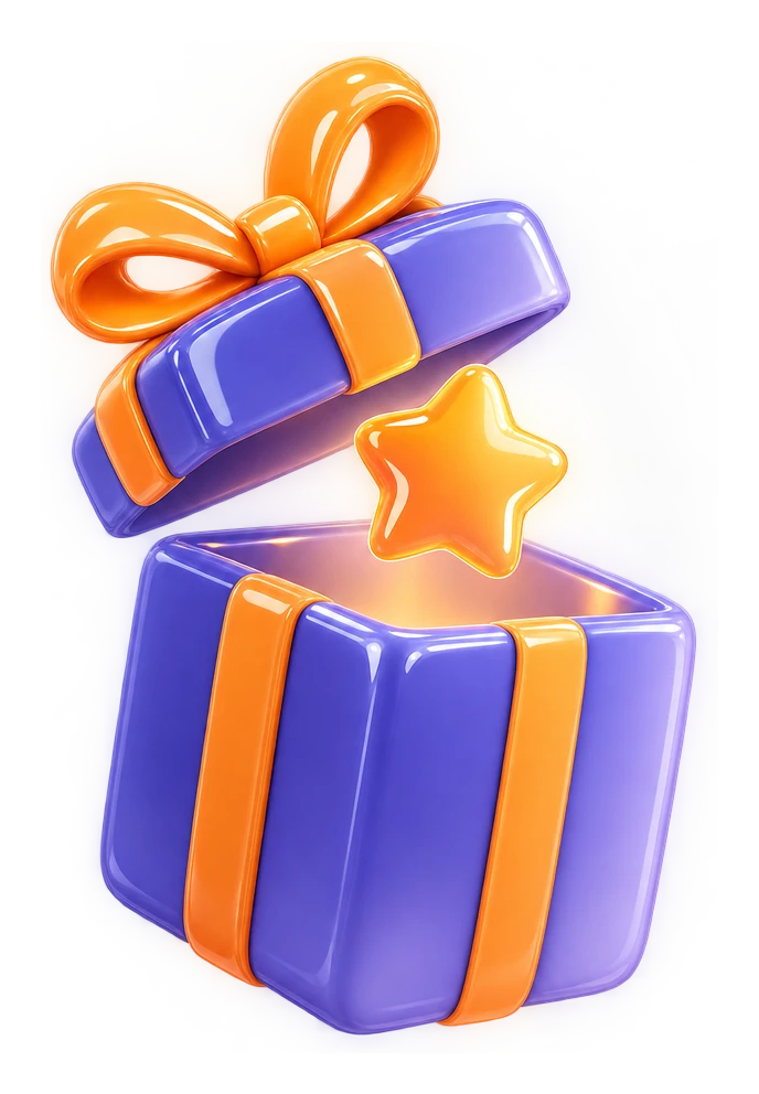 A glossy indigo gift box with an orange ribbon, its lid lifting and a star rising out of it
