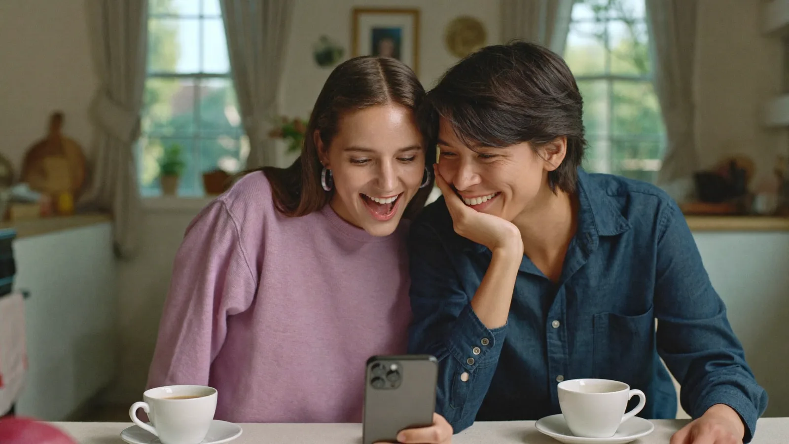 Two friends at a kitchen table laughing over a phone and coffee